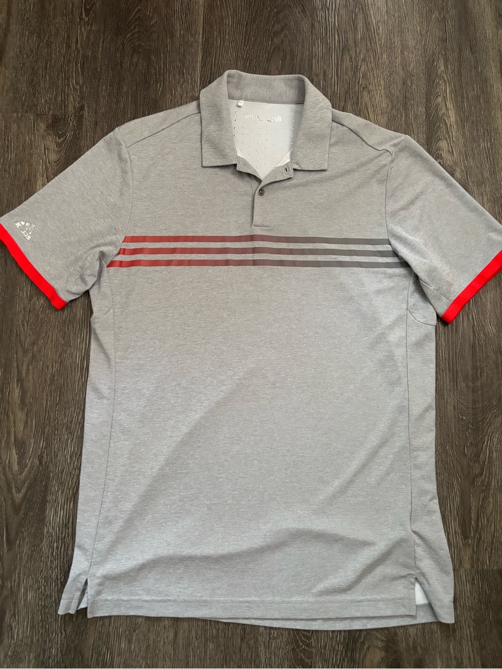 adidas Grey Polo with Red Trim and Striped Chest